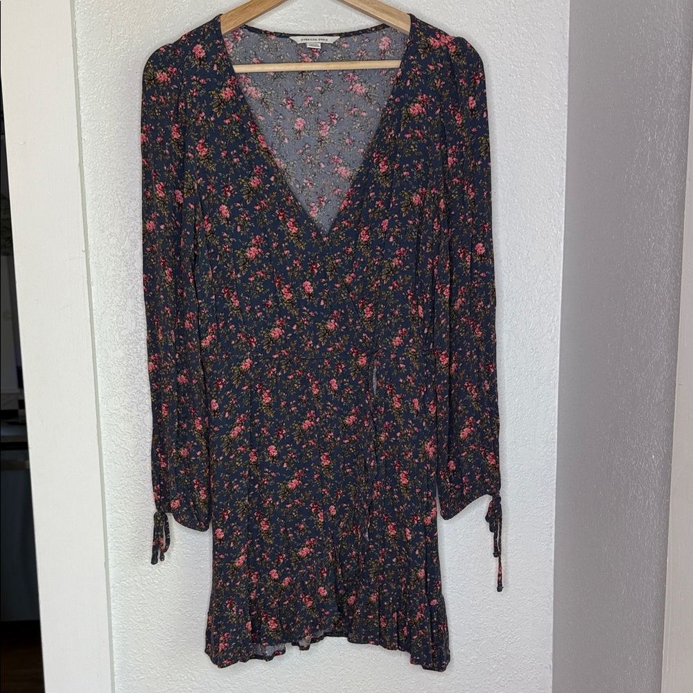American Eagle Floral Long Sleeve Faux Wrap Mini Dress Medium Boho Cottagecore